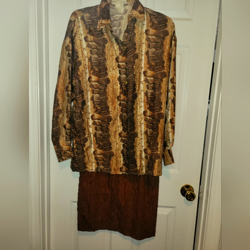 Brown print shirt and brown skirt